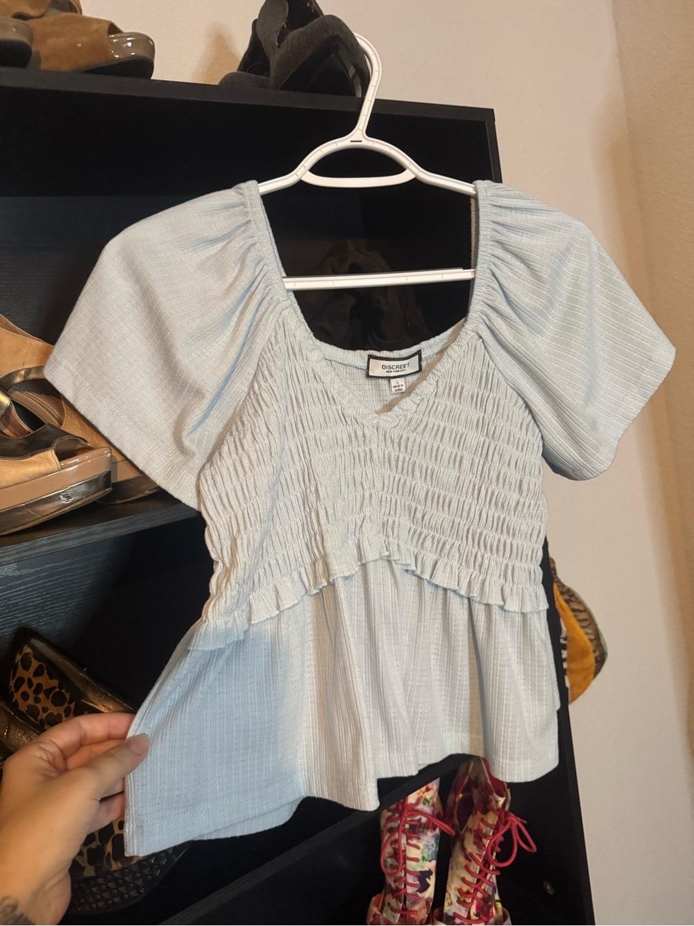 Discreet Light Blue Smocked V-Neck Flutter Sleeve Peplum Top